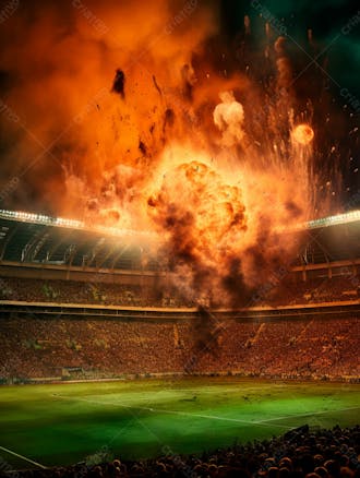 Imagem de uma explosão com fumaça em um estádio em ruínas 45