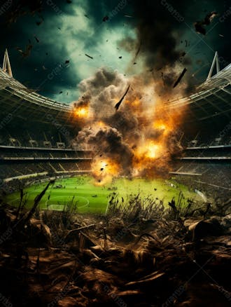Imagem de uma explosão com fumaça em um estádio em ruínas 46