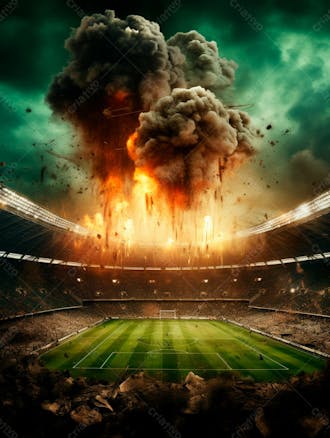Imagem de uma explosão com fumaça em um estádio em ruínas 47
