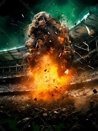 Imagem de uma explosão com fumaça em um estádio em ruínas 48