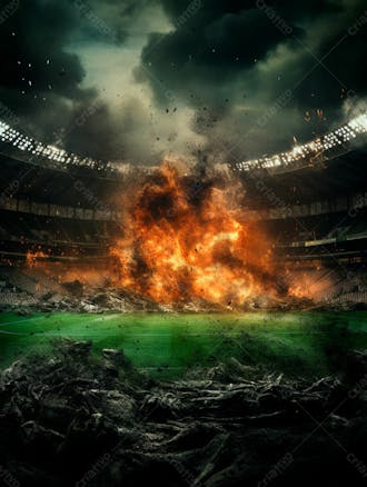 Imagem de uma explosão com fumaça em um estádio em ruínas 49