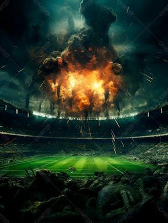 Imagem de uma explosão com fumaça em um estádio em ruínas 51