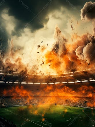 Imagem de uma explosão com fumaça em um estádio em ruínas 52