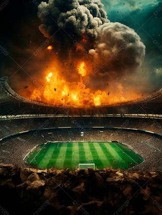 Imagem de uma explosão com fumaça em um estádio em ruínas 53