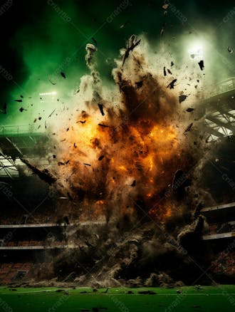 Imagem de uma explosão com fumaça em um estádio em ruínas 54