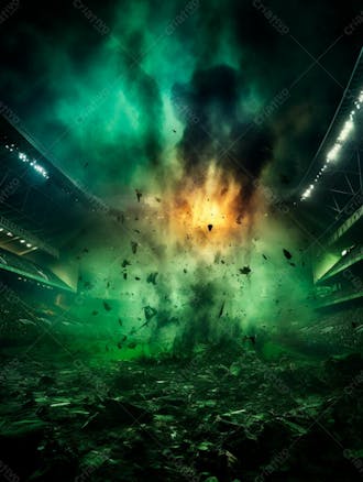 Imagem de uma explosão com fumaça em um estádio em ruínas 55