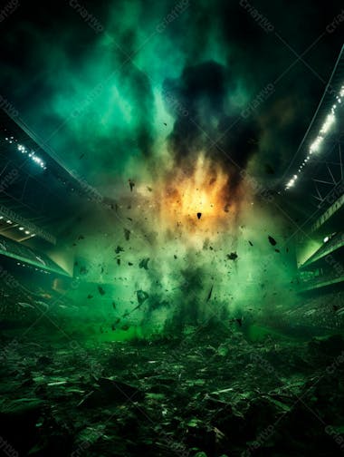 Imagem de uma explosão com fumaça em um estádio em ruínas 55