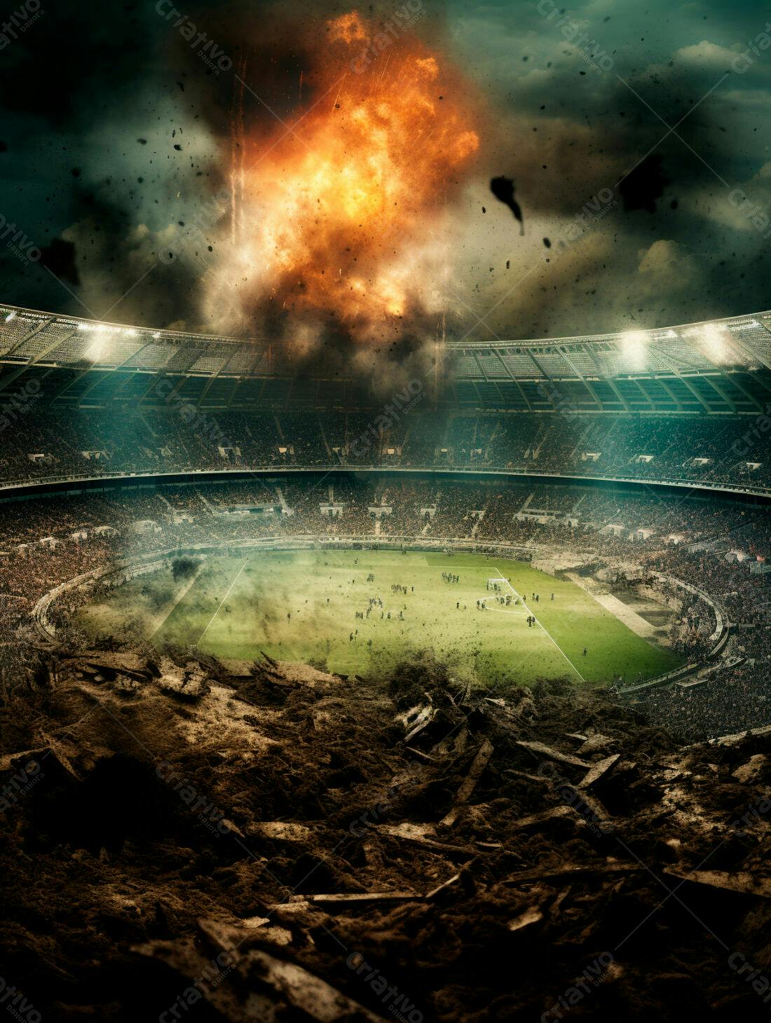 Estádio em destruição com explosão