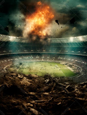 Imagem de uma explosão com fumaça em um estádio em ruínas 56