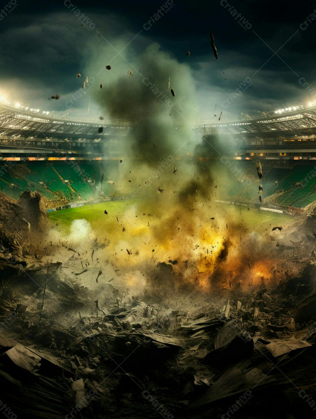 Explosão em estádio de futebol noturno