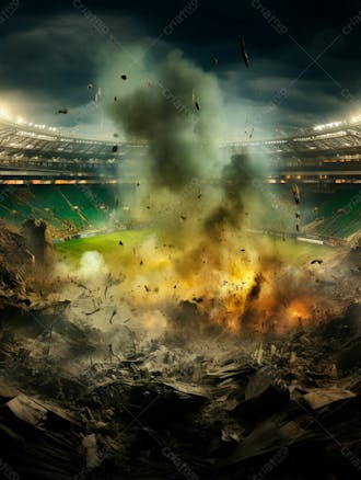 Imagem de uma explosão com fumaça em um estádio em ruínas 57