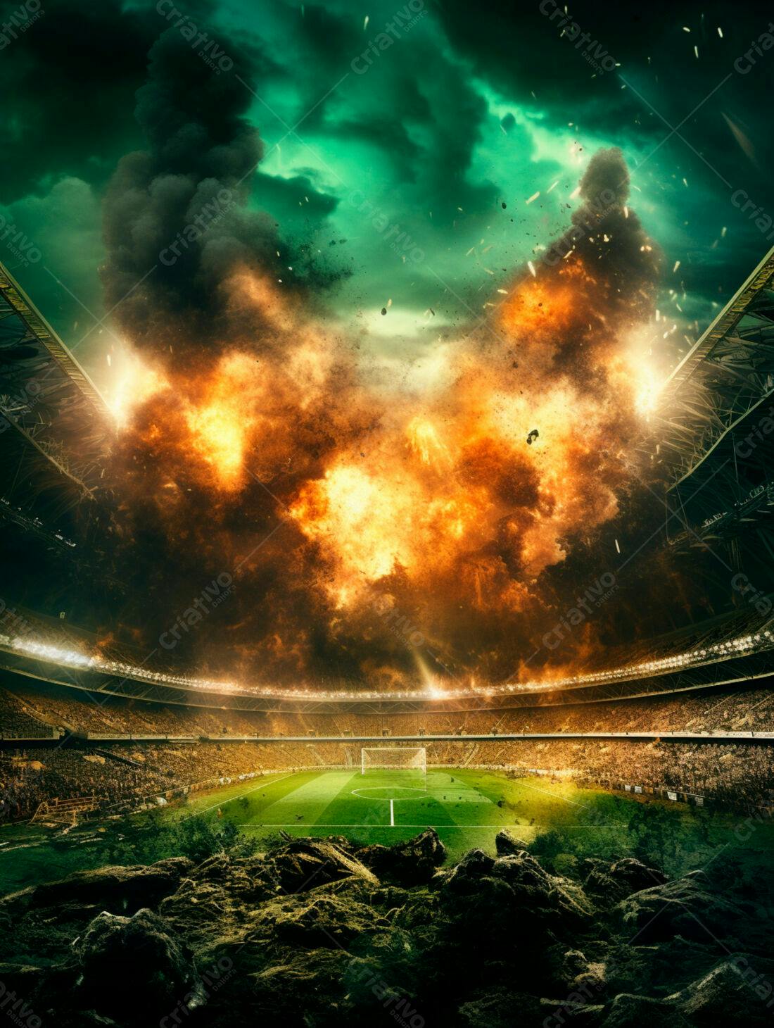 Estádio em chamas apocalíptico