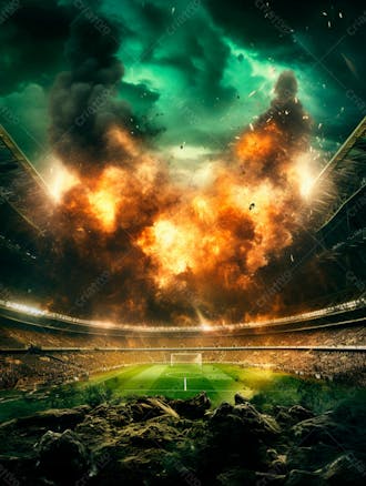 Imagem de uma explosão com fumaça em um estádio em ruínas 58