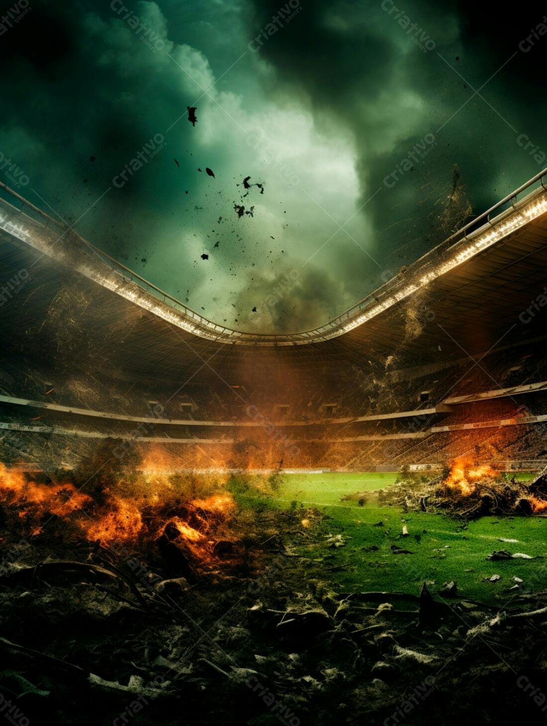 Estádio destruído em chamas sob céu tempestuoso