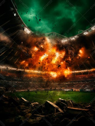 Imagem de uma explosão com fumaça em um estádio em ruínas 60