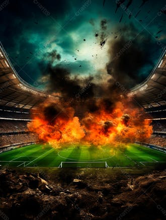 Imagem de uma explosão com fumaça em um estádio em ruínas 61