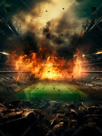 Imagem de uma explosão com fumaça em um estádio em ruínas 62
