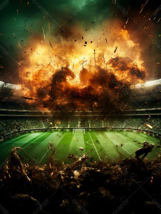 Imagem de uma explosão com fumaça em um estádio em ruínas 63