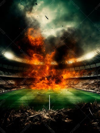 Imagem de uma explosão com fumaça em um estádio em ruínas 64