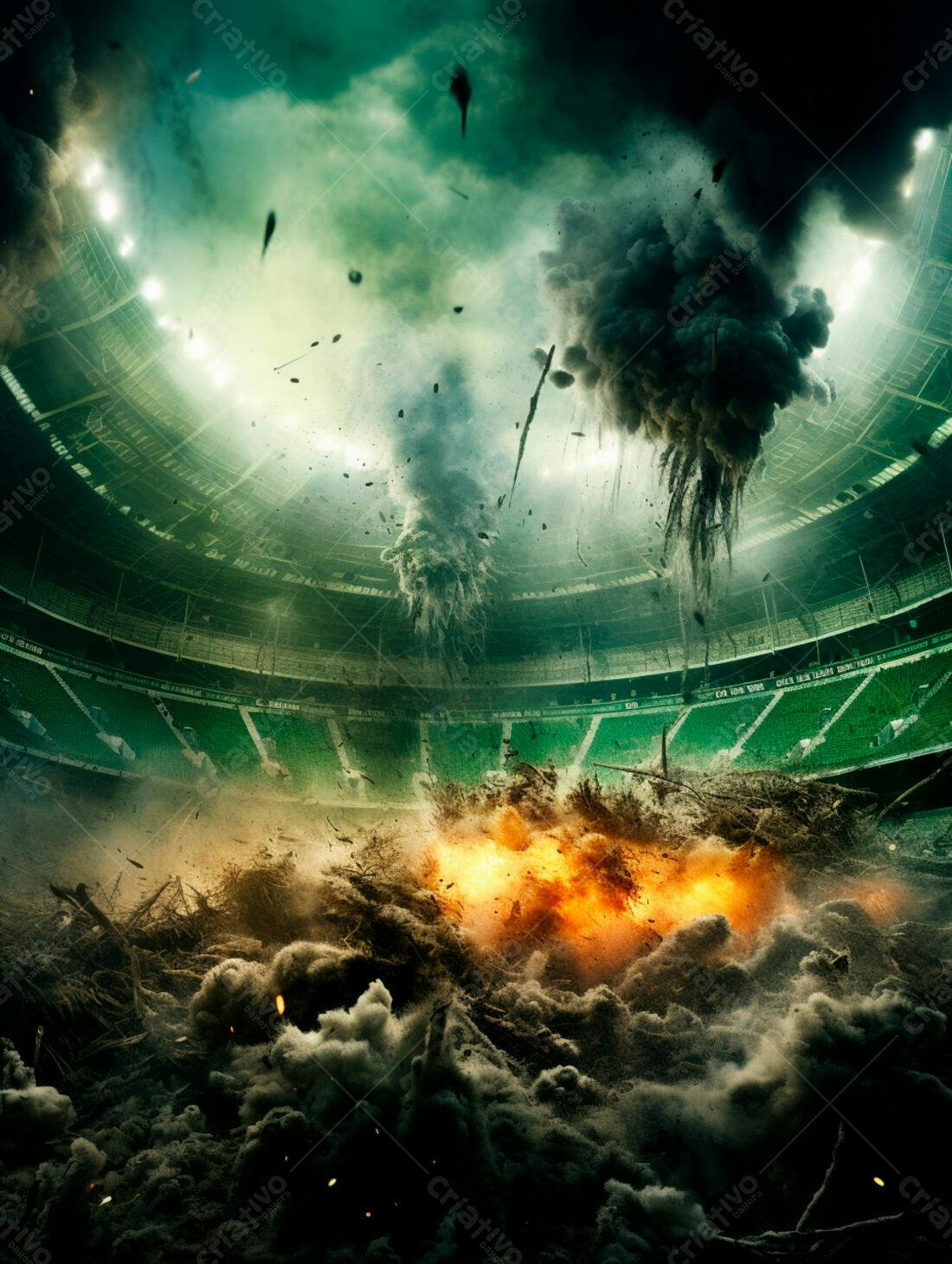 Explosão em estádio com fumaça escura e fogo