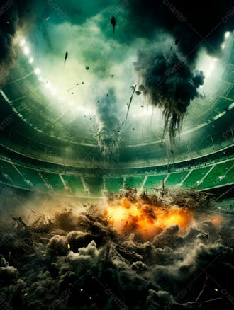 Imagem de uma explosão com fumaça em um estádio em ruínas 65