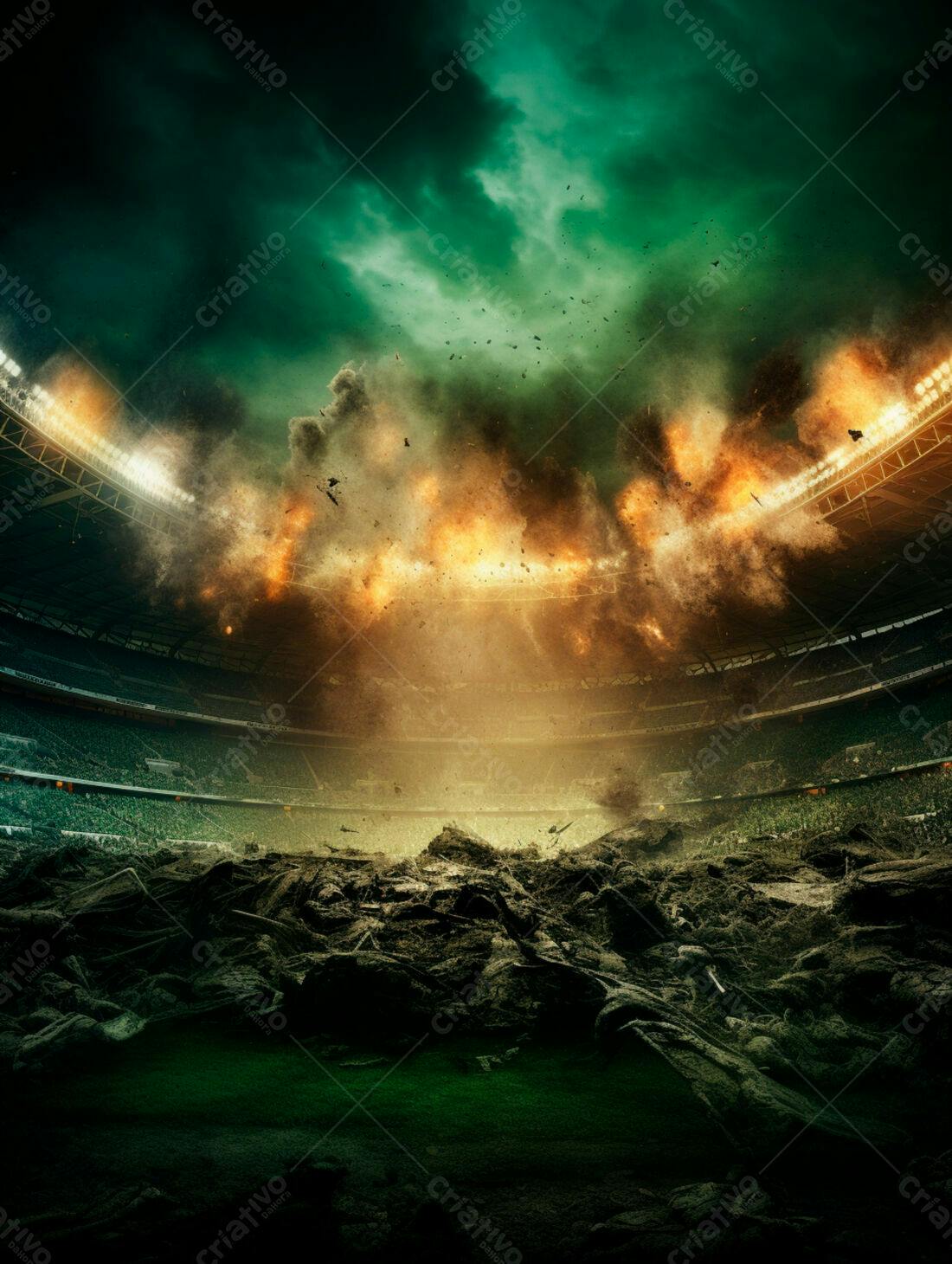 Estádio destruído tempestade fogo
