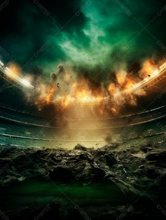 Imagem de uma explosão com fumaça em um estádio em ruínas 66