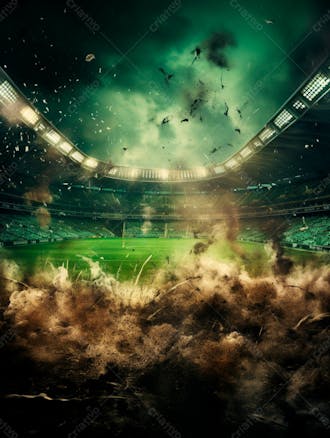 Imagem de uma explosão com fumaça em um estádio em ruínas 67