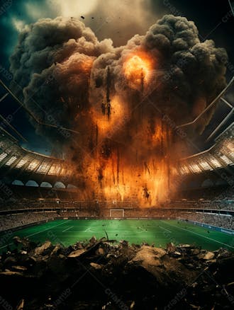 Imagem de uma explosão com fumaça em um estádio em ruínas 68
