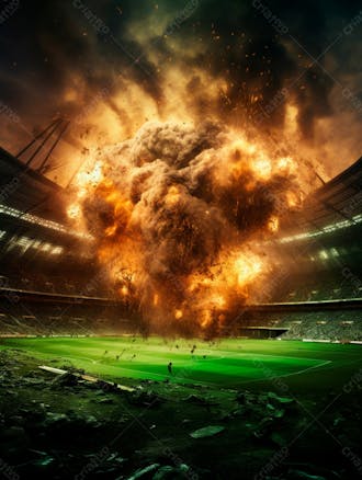 Imagem de uma explosão com fumaça em um estádio em ruínas 69