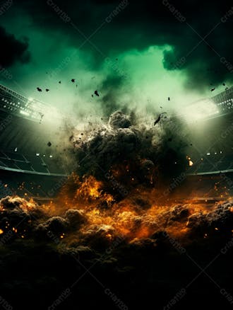 Imagem de uma explosão com fumaça em um estádio em ruínas 70