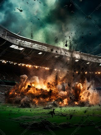 Imagem de uma explosão com fumaça em um estádio em ruínas 71