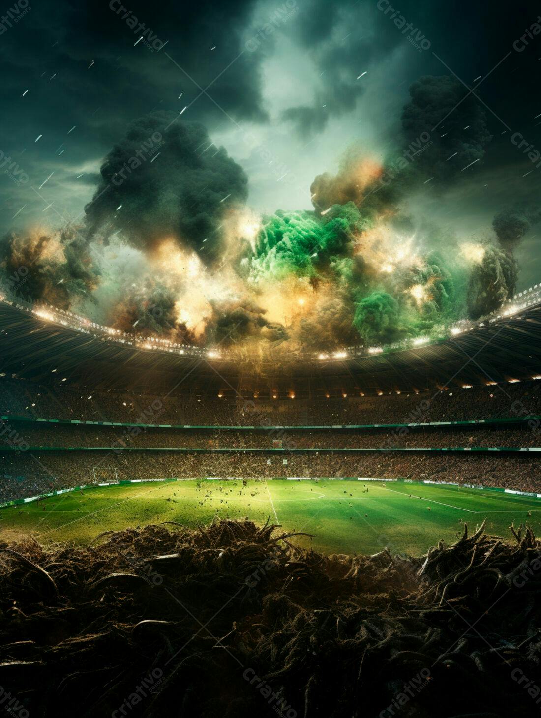 Estádio de futebol sob tempestade verde