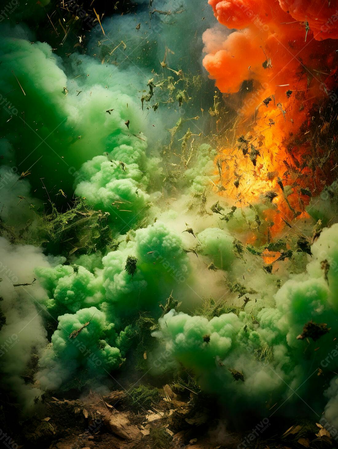 Explosão de fumaça verde e laranja