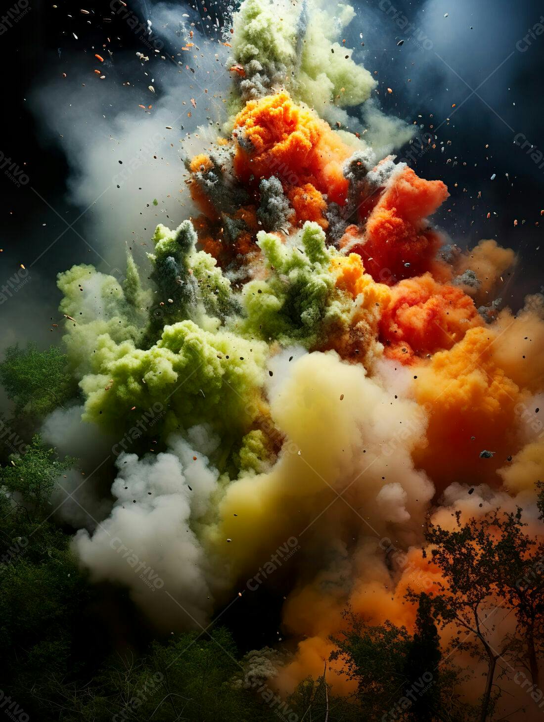 Explosão colorida em floresta verde