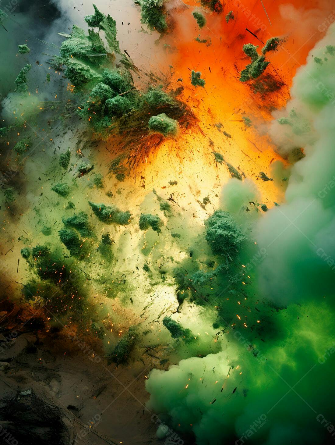 Explosão colorida de fumaça verde e laranja