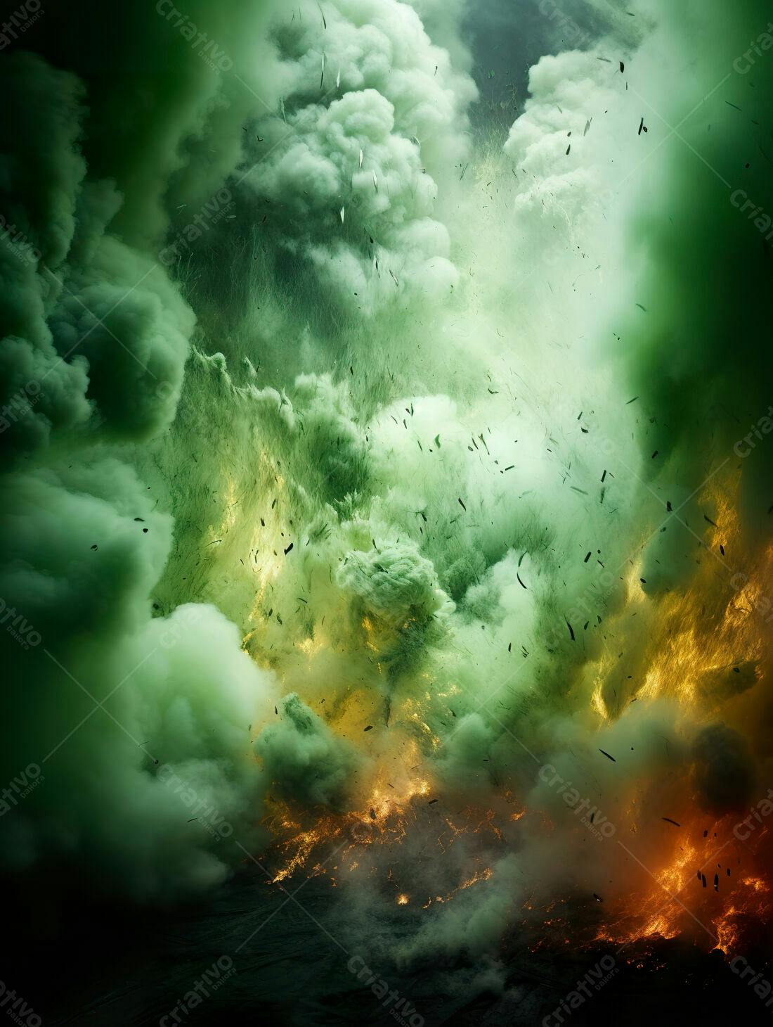 Explosão vulcânica verde e laranja