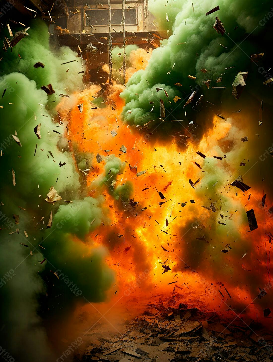 Explosão verde e laranja com destroços