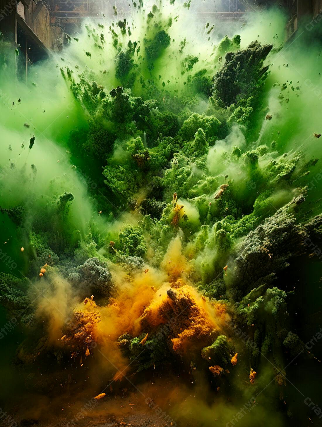 Explosão de pó verde e amarelo