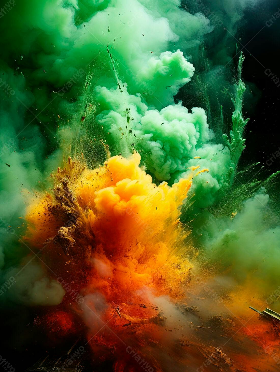 Explosão de cores vibrantes verde laranja e amarelo