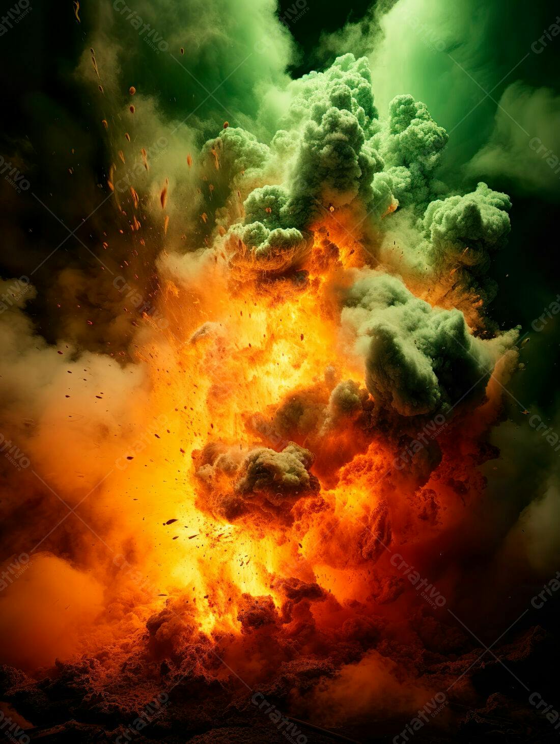 Explosão de fogo e fumaça verde