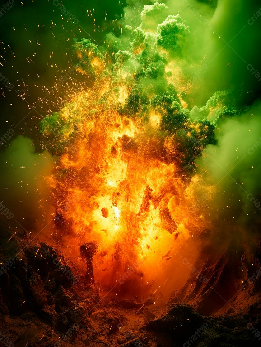 Explosão de fogo e fumaça verde