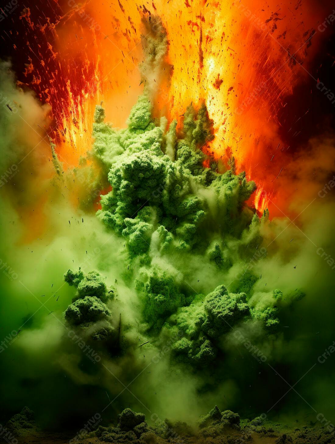 Explosão vulcânica verde e laranja