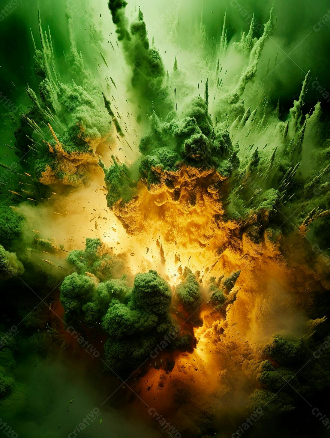 Explosão verde e amarela de pó colorido