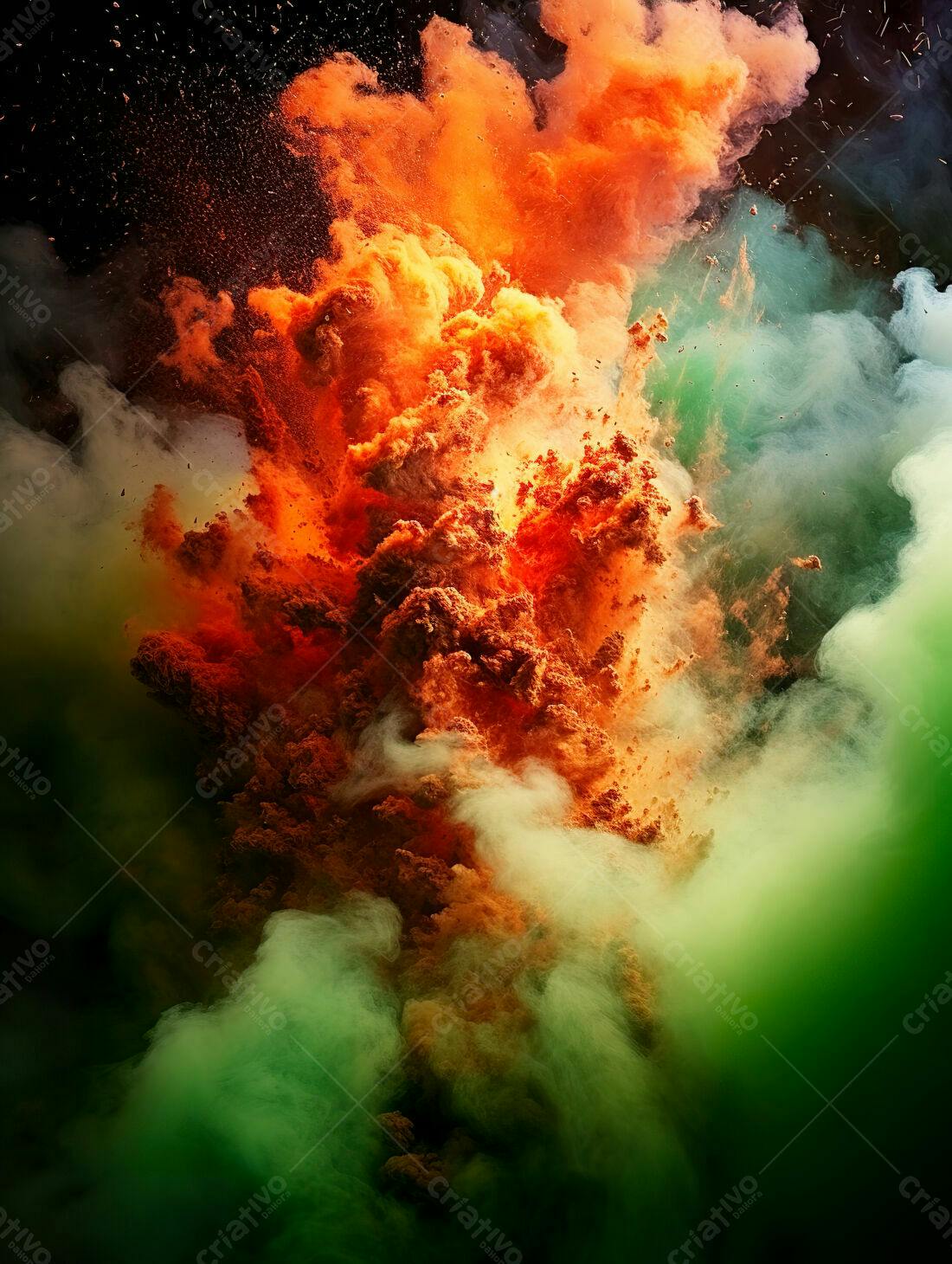 Explosão de pó colorido laranja e verde