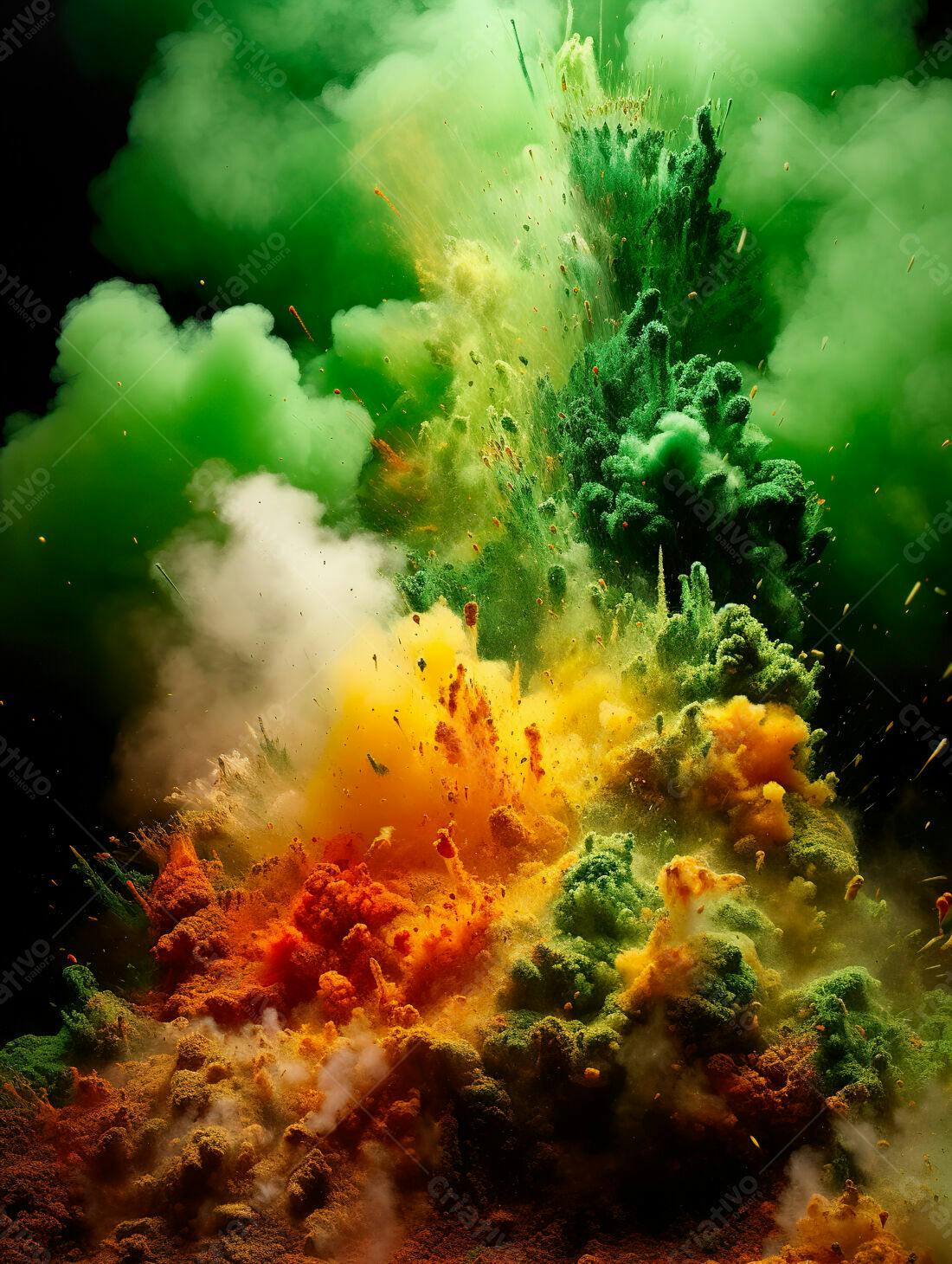 Explosão de pó colorido verde amarelo e laranja