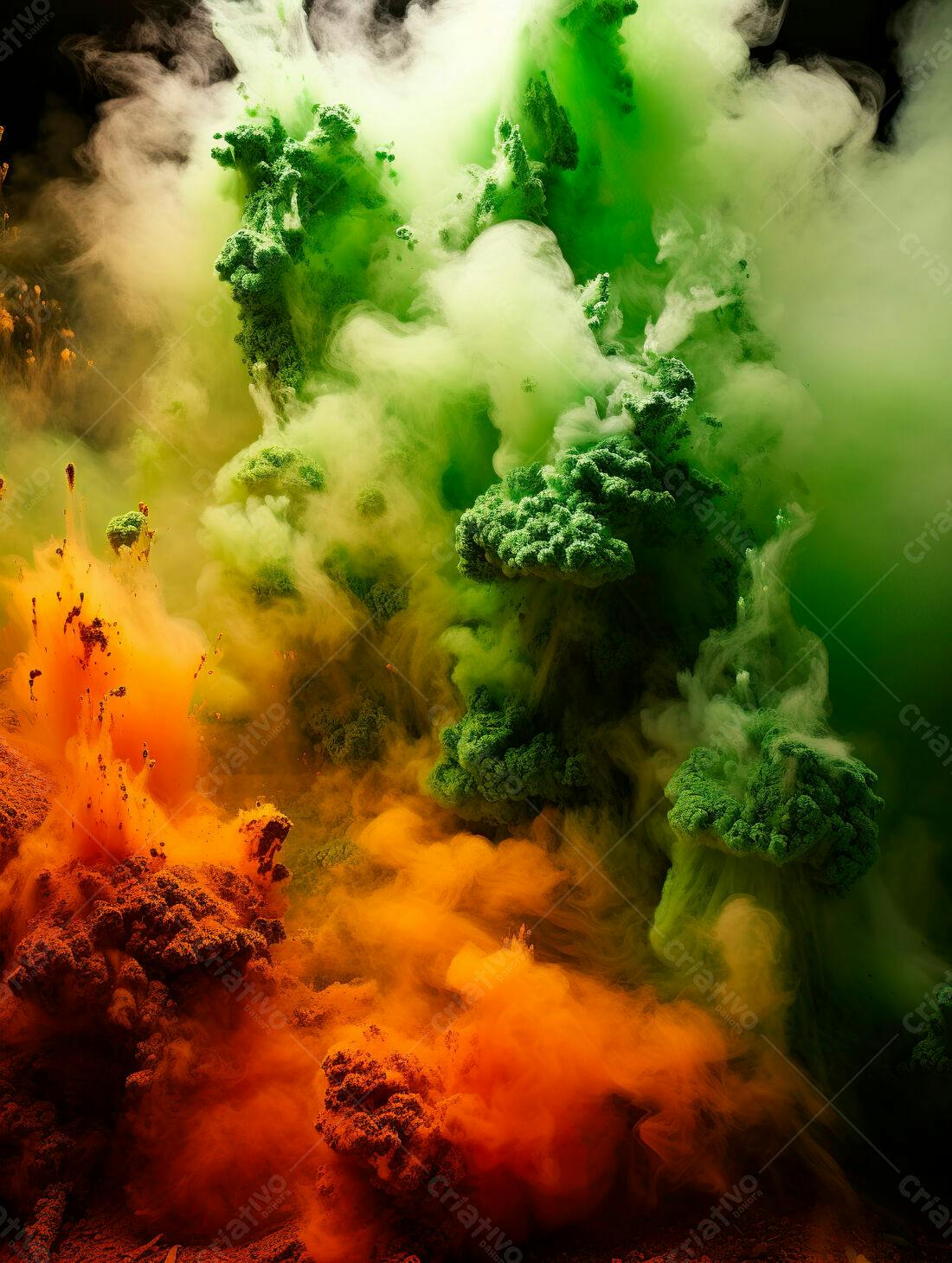 Explosão de cores verdes e laranja abstrata