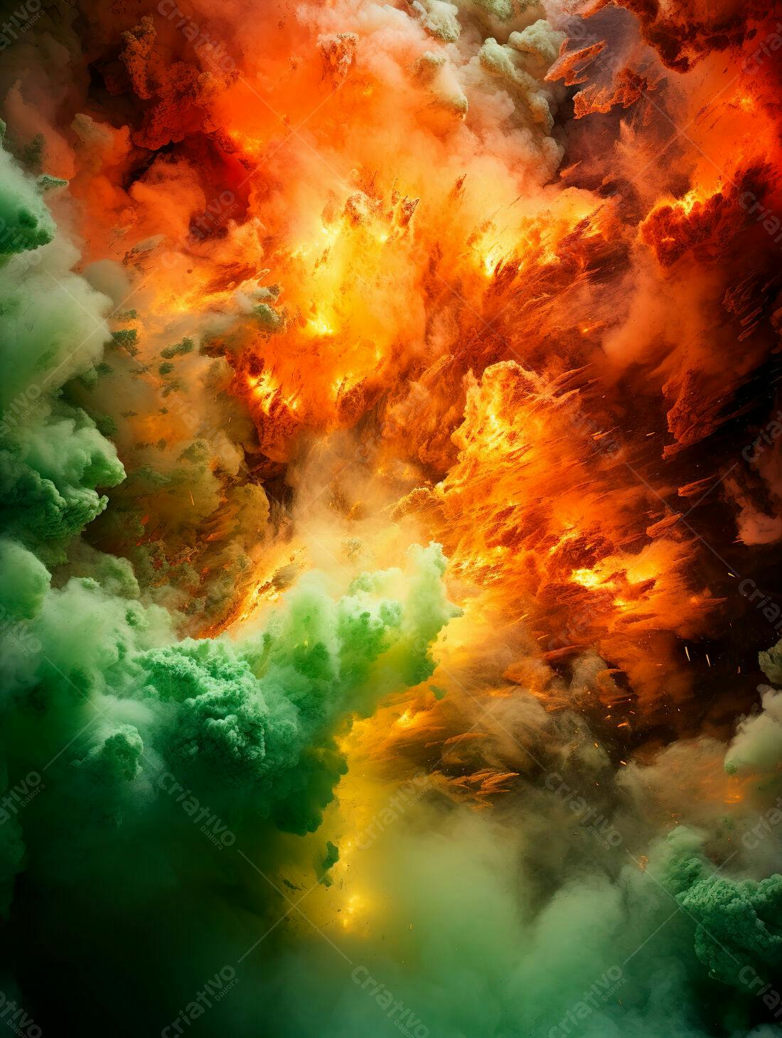 Explosão de cores vibrantes em tons laranja e verde