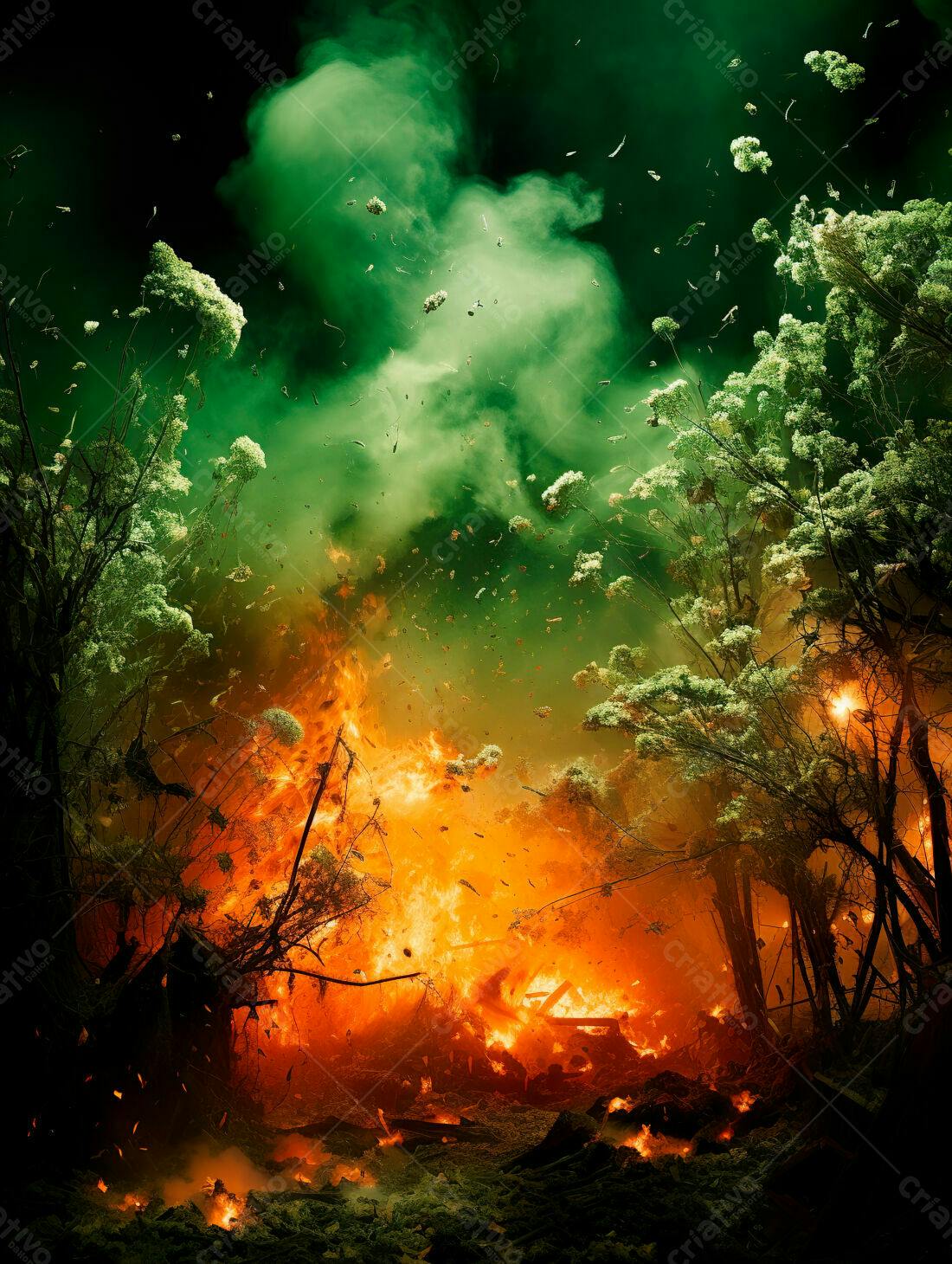 Incêndio florestal intenso com fumaça verde