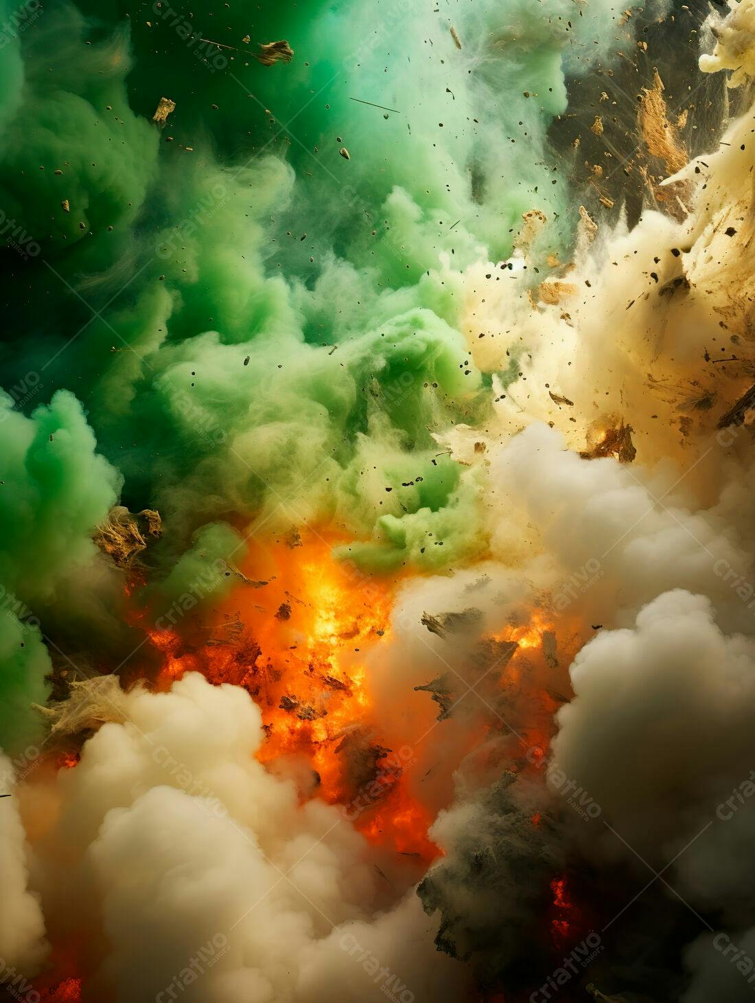 Explosão colorida com fumaça verde e laranja